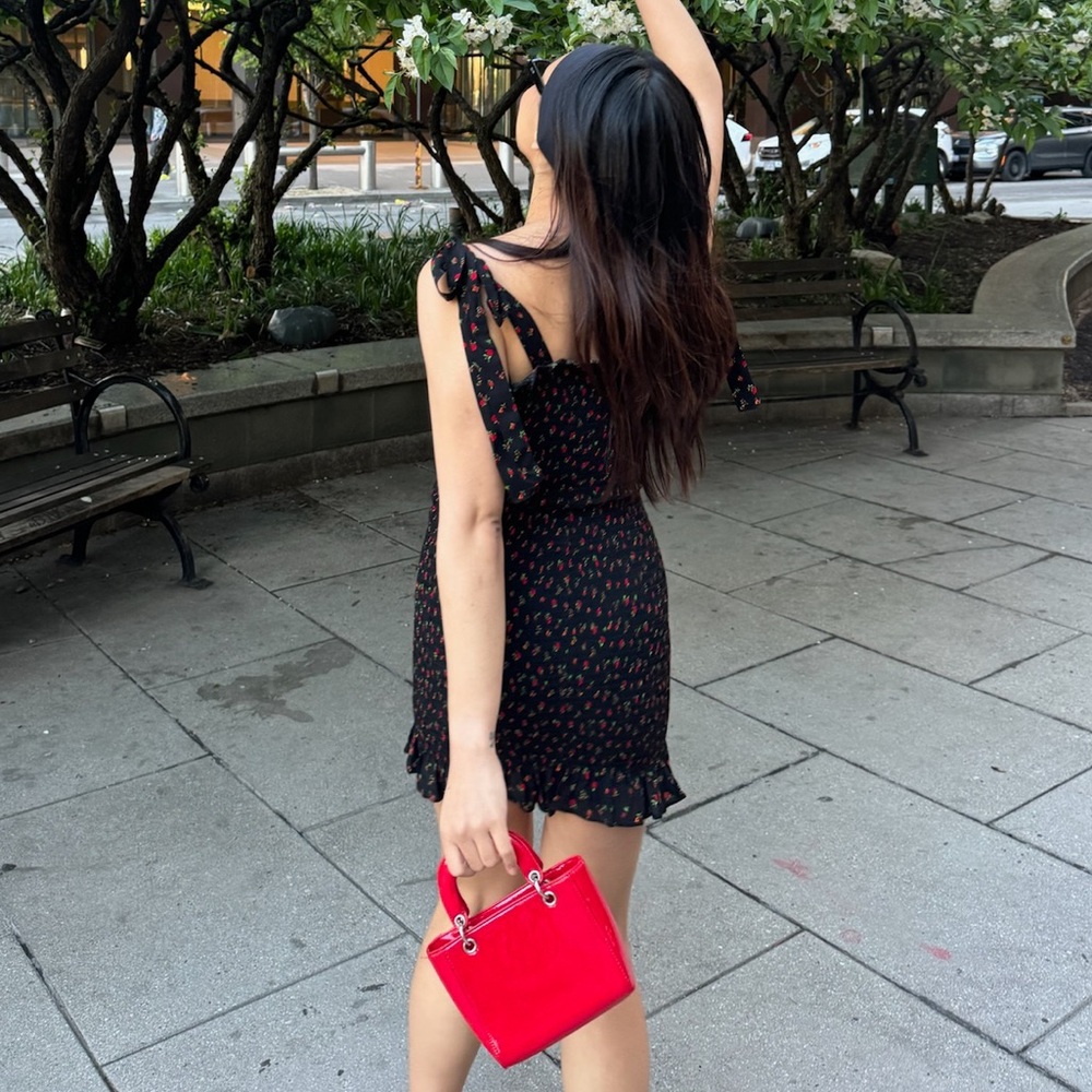 Free People Black & Red Sheath Mini Dress w Bow Tie Shoulder Straps - Size Small - Picture 11 of 14